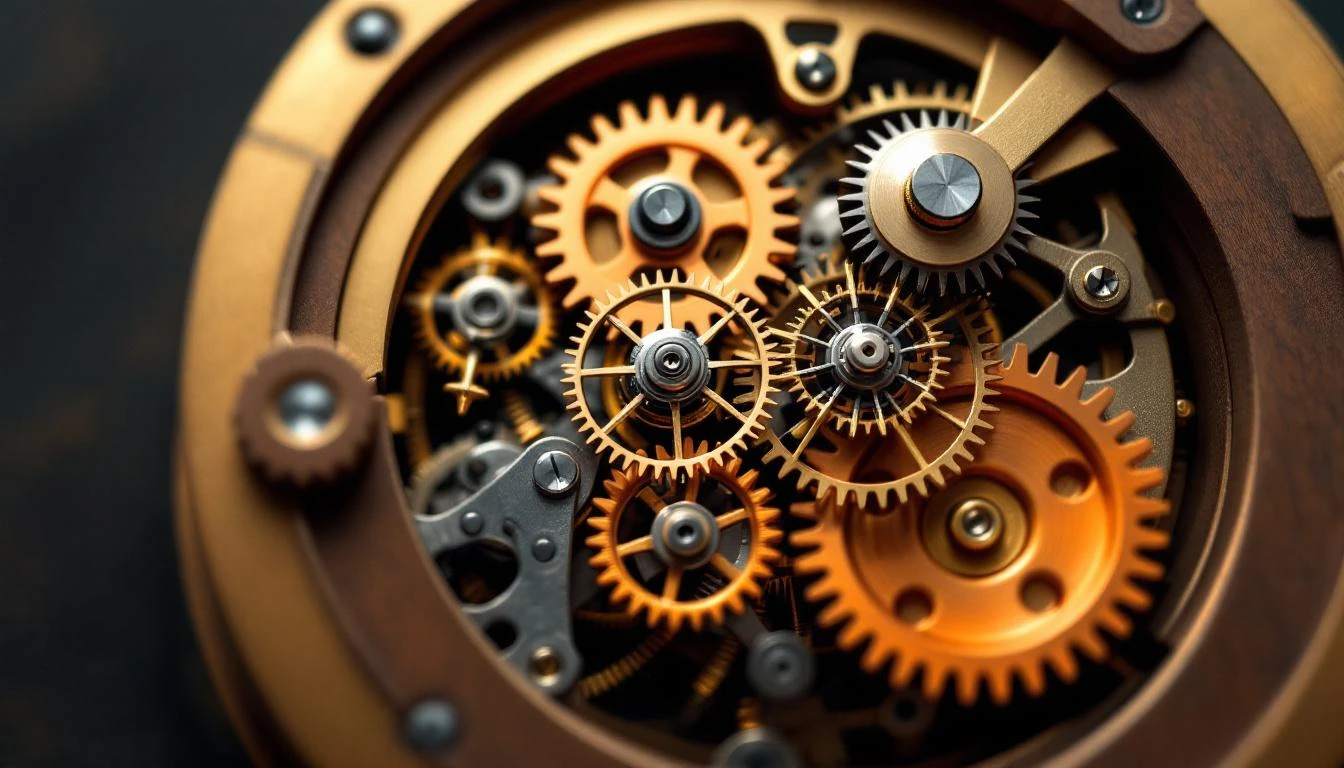 Nested copper and steel gear assemblies inside a brass clockwork housing, lit with warm amber light.