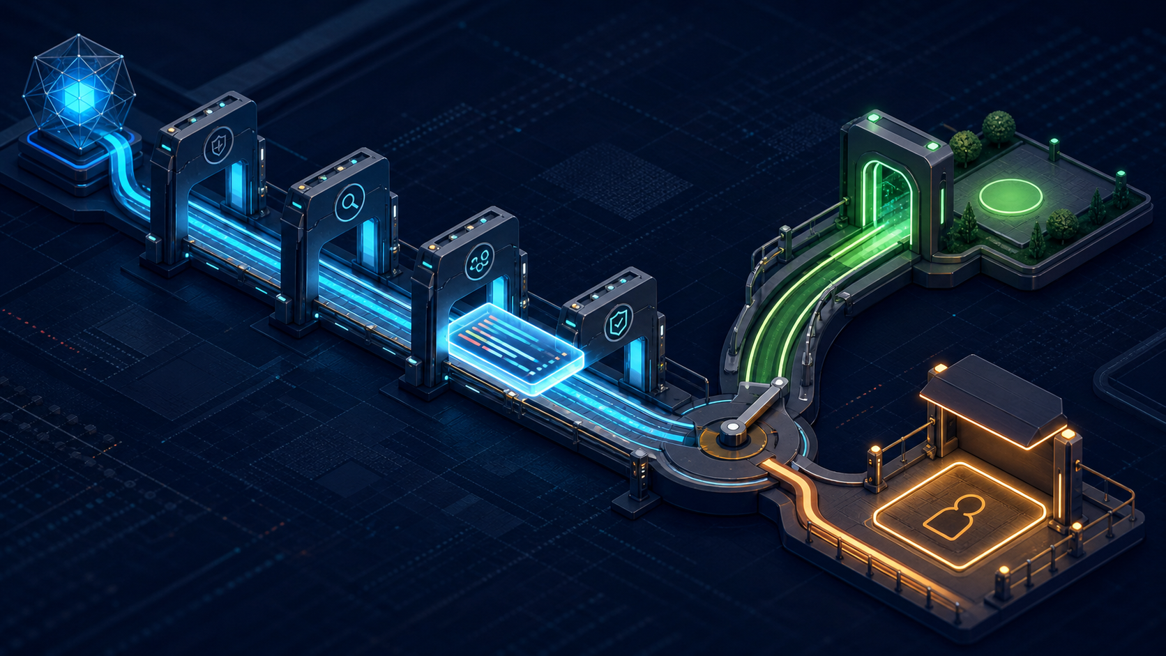 An isometric assembly line where glowing blue code passes through automated inspection gates before merging onto a green track toward a park, with a separate amber path to a human review booth